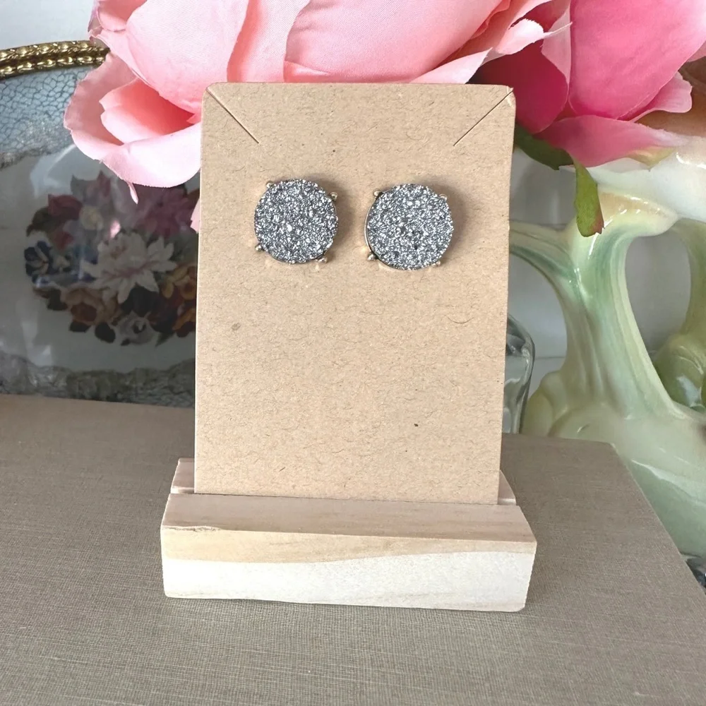 Silver shimmery round druzy stud earrings